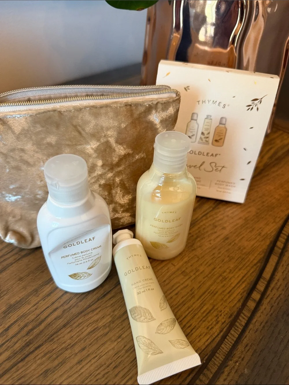 Thymes Gold Leaf Velvet Travel Pouch with Travel Set